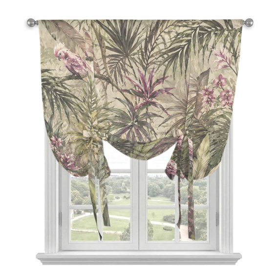Tropical Plants Tie Up Curtains for Windows, Adjustable Balloon Window Shades, Rustic Summer Botanical Leaves Birds Floral Kitchen Window Treatments Farmhouse Short Curtains with Rod Pocket 42"x45"