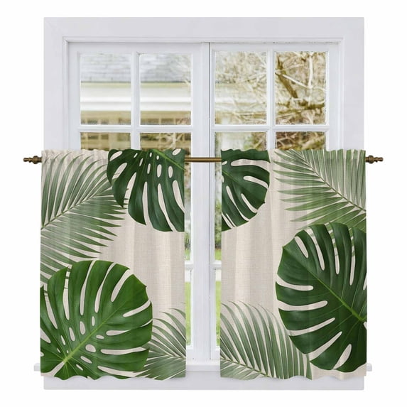 Tropical Plants Tier Curtains 54 Inch Length, Summer Botanical Green Monstera Leaves Cafe Short Curtains for Bathroom Over Sink, Small Kitchen Curtain Light Filtering Drapes 2 Panels 27.5"Wx54"L