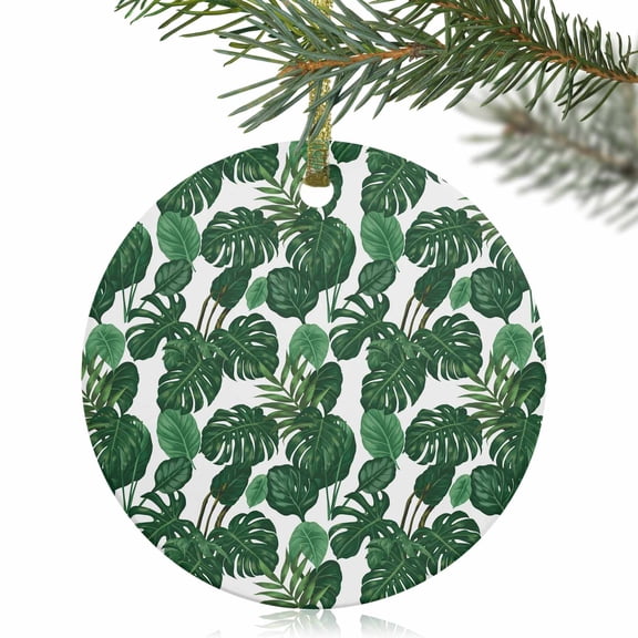 Tropical Plants Turtle Backwood Christmas Ceramic Ornament 2025,3" Round Xmas Tree Hanging Accessories with Gold Ribbon