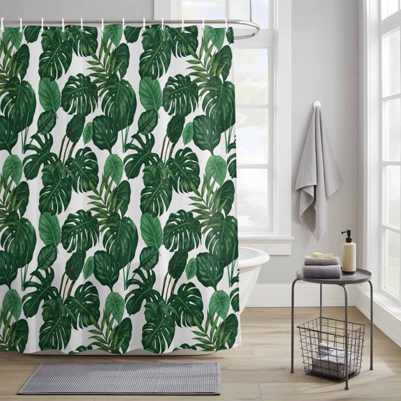 Tropical Plants Turtle Backwood Shower Curtain Set, Waterproof Shower Curtains With Grommet Hooks, Watercolor Green Leaves Privacy Bathroom Curtain for Bathtub 36x72IN