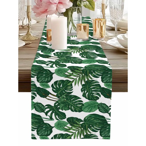 Tropical Plants Turtle Backwood Table Runner-60 Inch Long Watercolor Green Leaves Table Runners Linen Burlap Tablerunner for Kitchen Dining Room Holiday Party