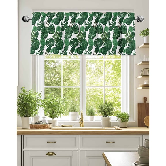Tropical Plants Turtle Backwood Valances for Windows,Kitchen Valance Rod Pocket Short Curtain,Watercolor Green Leaves Valance Curtain Window Valances for Bedroom Living Room 54x18in