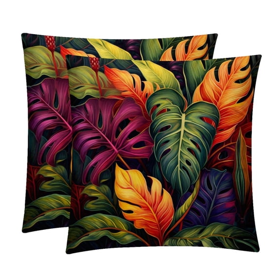 Tropical Plants Velvet Throw Pillow Covers Set of 2 - 16x16, 18x18, 20x20 Inches - Unique Patterns - Bed Pillow Inserts Included for Various Occasions