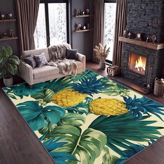 Tropical Plants Washable Area Rug, Fruit Pineapple Palm Leaf Non-Slip ...