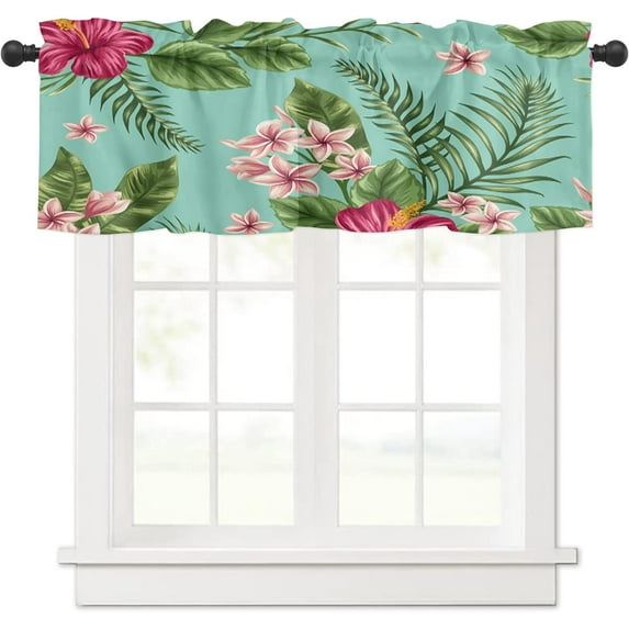 Tropical Plants Window Valance Curtain Summer Green Leaves Hibiscus Flowers Valance Tier Curtain Blackout Rod Pocket Curtain Valance for Kitchen/Bedroom/Living Room/Bathroom, 1 Panel, 54 x 18 Inch