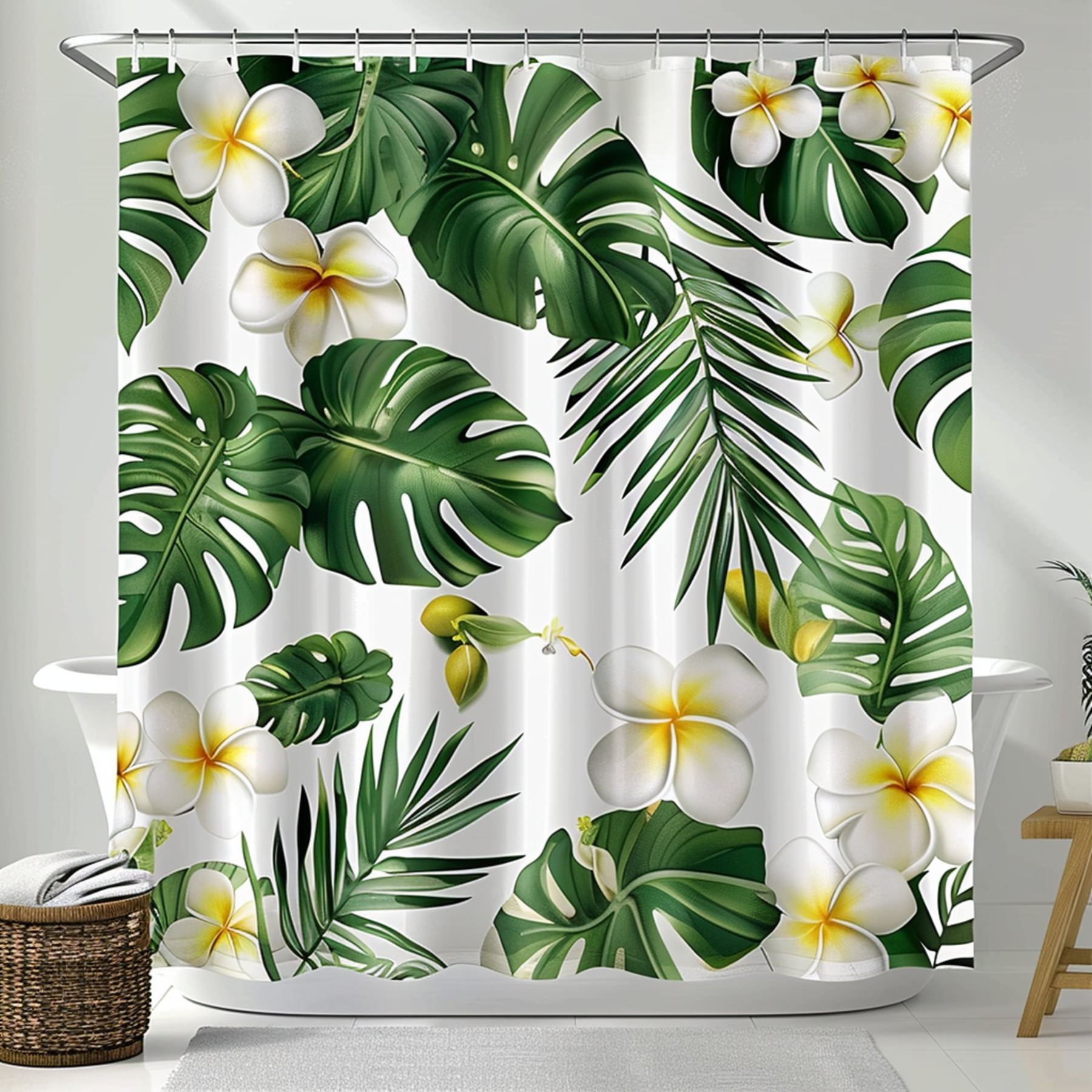 Tropical Plants and Flowers Patterned Shower Curtain White Background ...