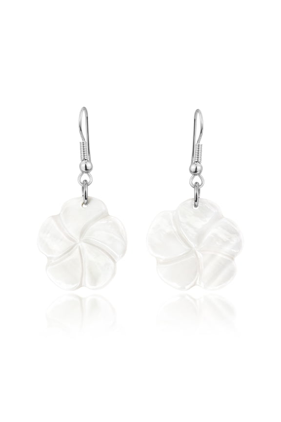 Tropical Plumeria Flower White Kabibe Shell Dangle Earrings