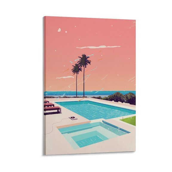 Tropical Poolside Sunset Illustration by Hiroshi Nagai Poster Posters Art Print Wall Photo Paint Poster Hanging Picture Family Bedroom Decor Gift 20x30inch(50x75cm)