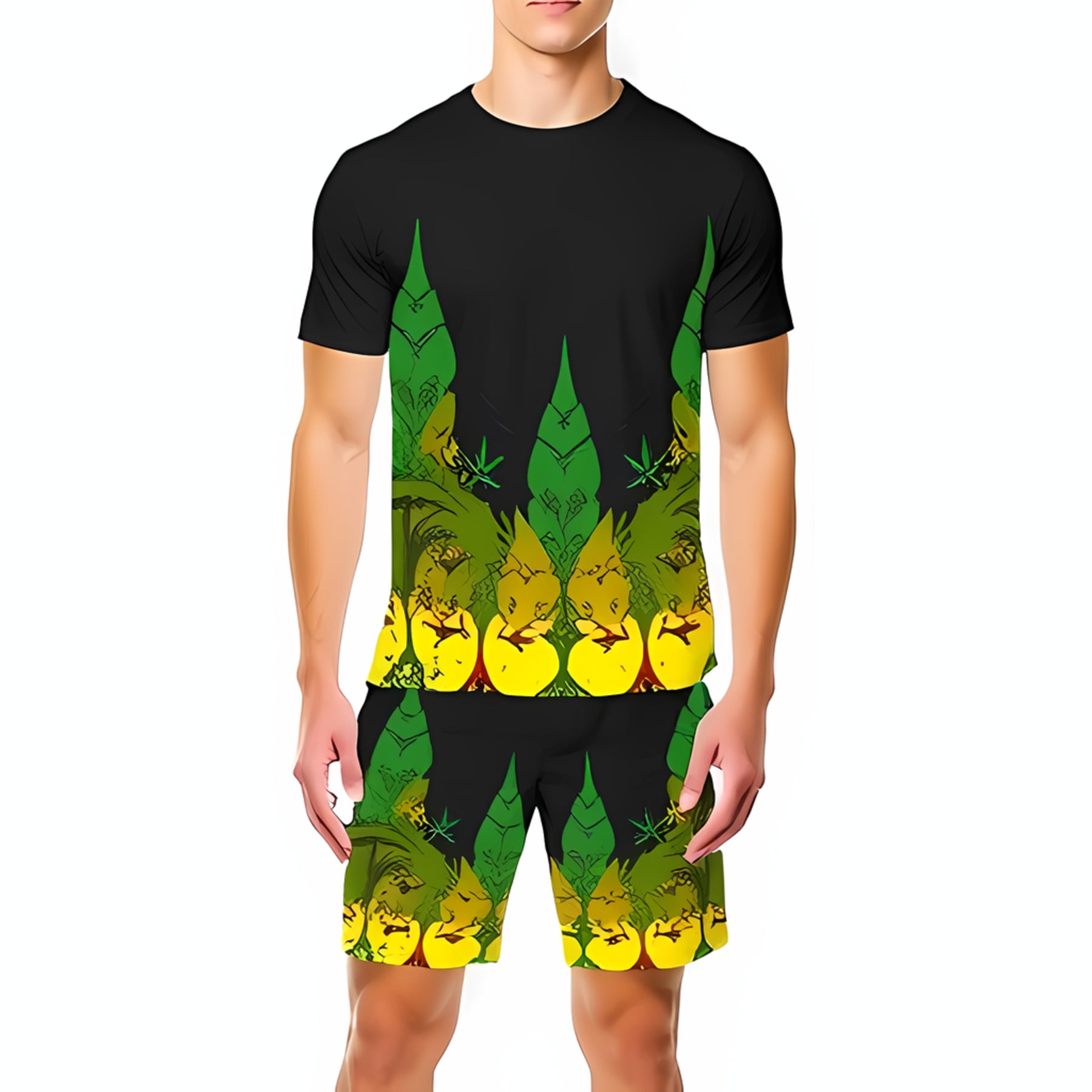 Tropical Print Black T-Shirt & Shorts Set for Men - Stylish Summer ...