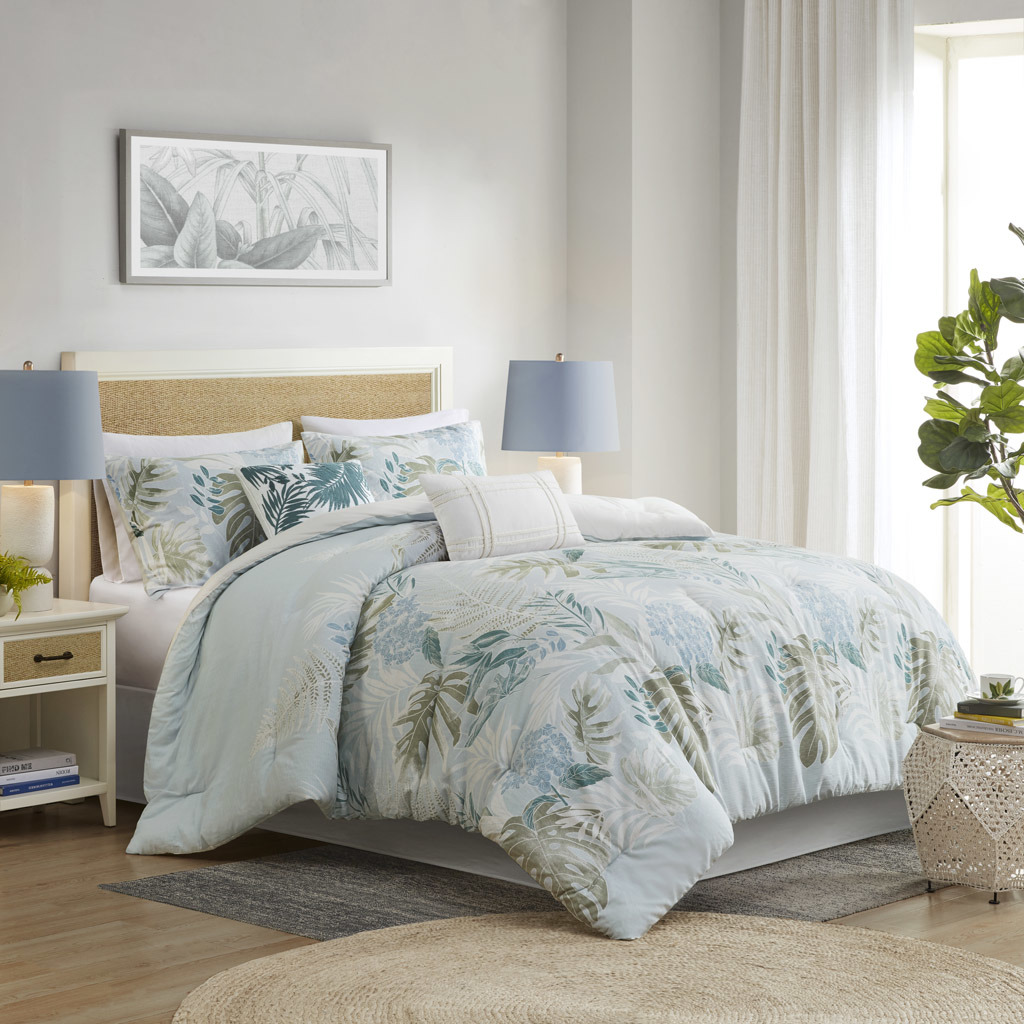 Tropical Print Comforter Set with Throw Pillow 6 Piece Coastal
