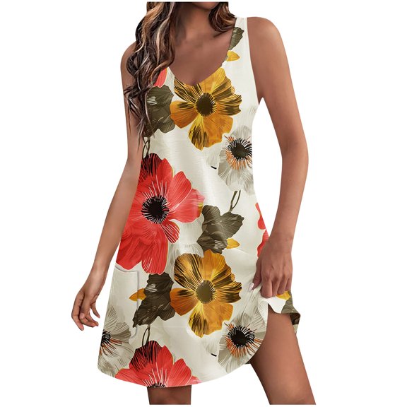 Tropical Print Dress for Women Sleeveless V Neck Summer Mini Dress Casual Vacation Beach Sundress
