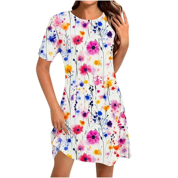 Tropical Print Dresses for Women Fashion Round Neck Short Sleeved Printed Pullover Dress