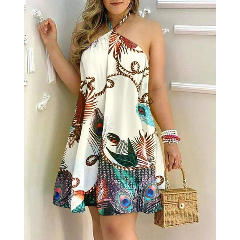 Tropical Print Halter Neck Dress Vacation Style Backless Dress For Spring Summer Women s Clothing Walmart