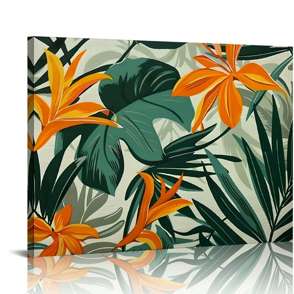 Tropical Print Orange Leaves Canvas Wall Art for Home Decor Ready To Hang - Aesthetic Artwork for Living Room, Bedroom, Office, Hotel, and More 16x12in