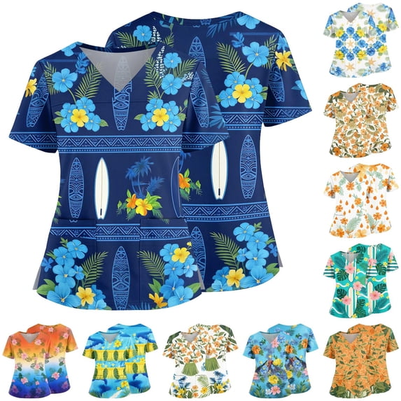 Tropical Print Scrub Top for Women, V-Neck Short Sleeve Medical Shirt with Pockets & Side Slits - Soft Stretchy Nurse Tunic Orange M