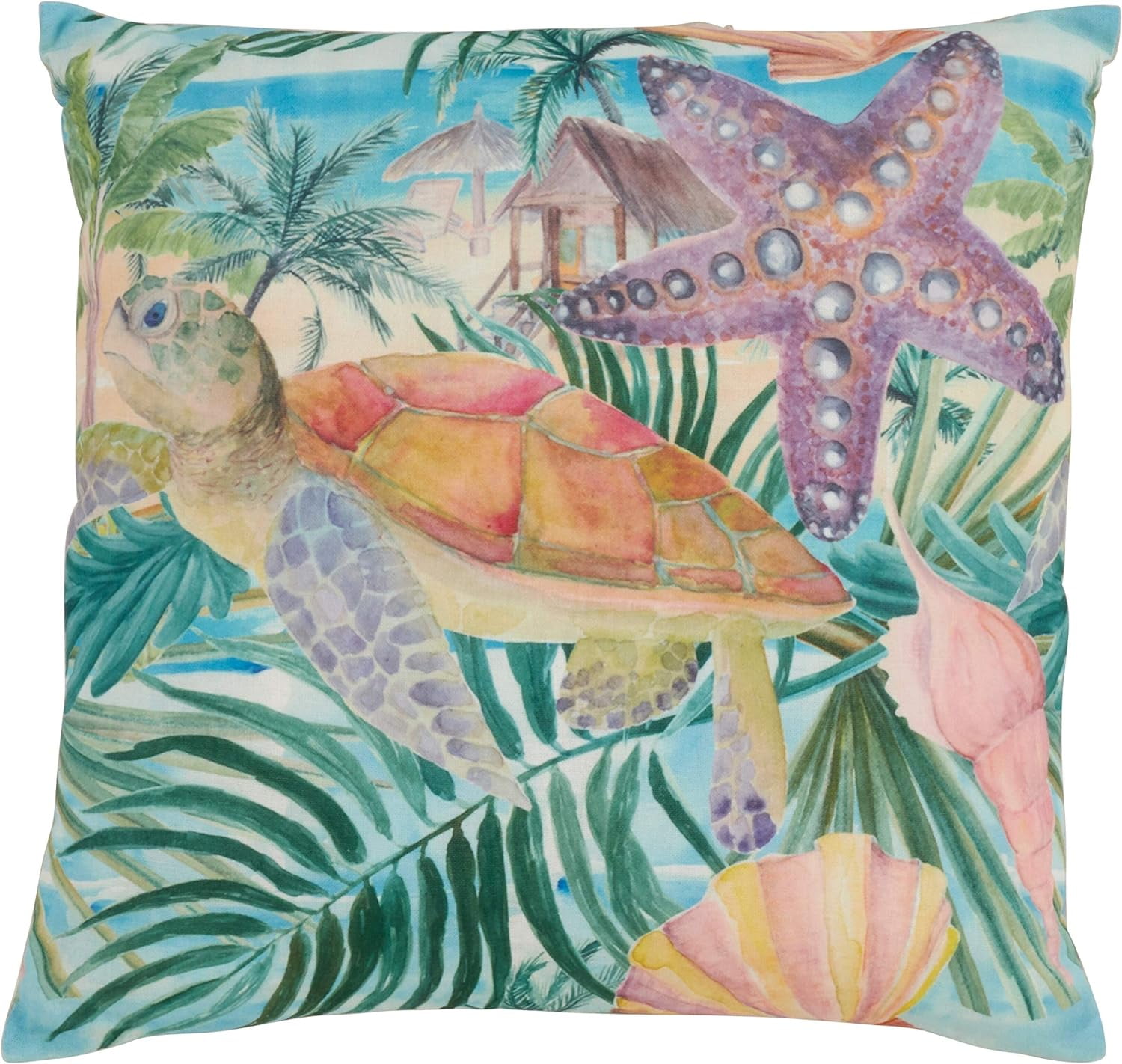 Medium Multicolor Coastal Turtle Print Decorative Pillow