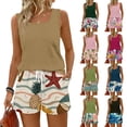 thumbnail image 1 of Tropical Print Two Piece Set for Women, Sleeveless Scoop Neck Tank Top & Drawstring Shorts with Pockets - Casual Summer Vacation Lounge Outfit Light pink XXXL, 1 of 9