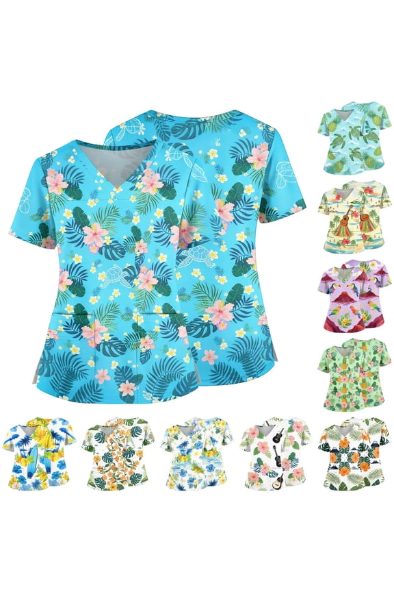 Tropical Print V-Neck Scrub Top for Women, Short Sleeve Medical Tunic with Pockets - Loose Fit Side Slit Work Shirt featuring Hibiscus & Turtle Pattern Army Green L