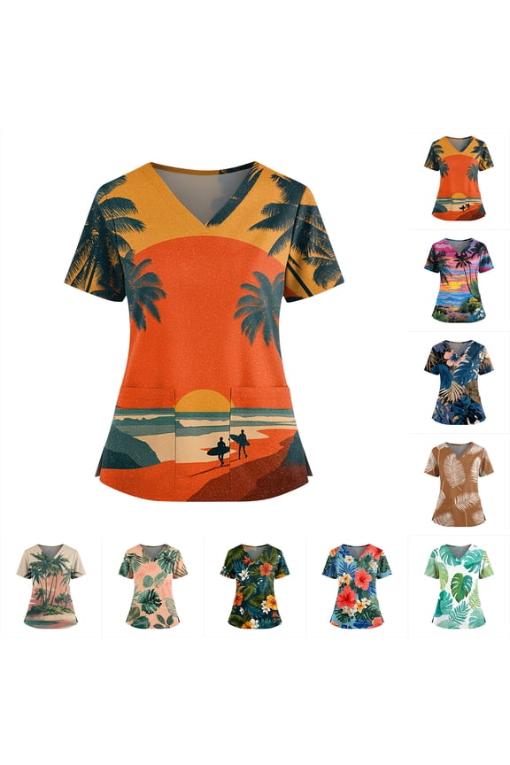 Tropical Print V-Neck Scrub Top for Women, Short Sleeve Medical Uniform with Pockets - Side Split Healthcare Tunic Blouse Blue S