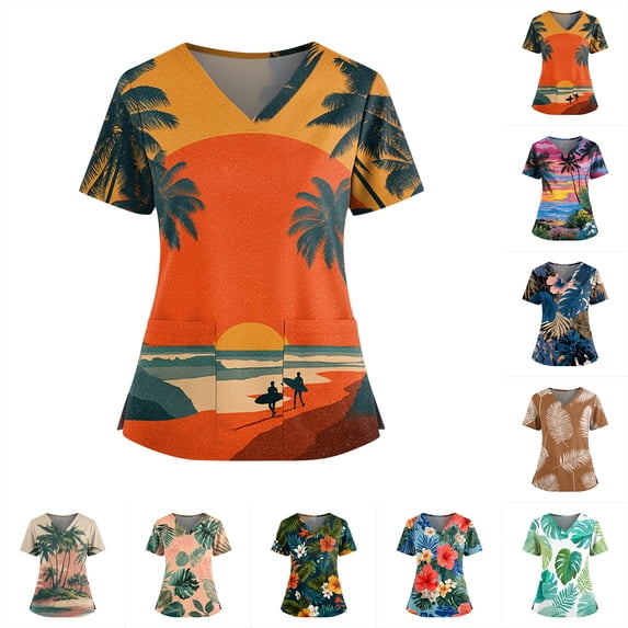 Tropical Print V-Neck Scrub Top for Women, Short Sleeve Medical Uniform with Pockets - Side Split Healthcare Tunic Blouse Pink M