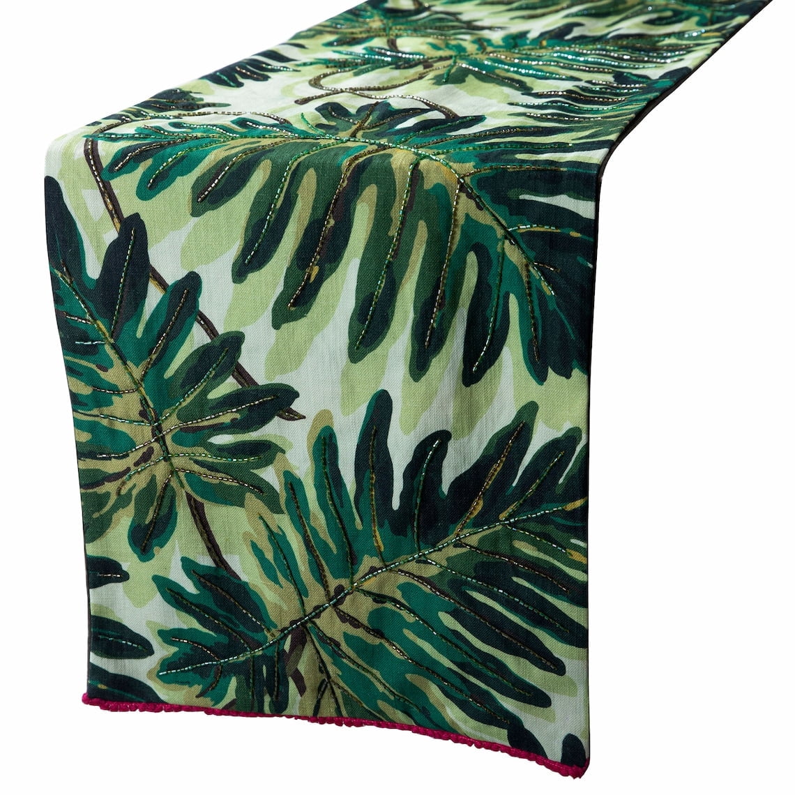 Tropical Printed Cotton Table Runner with Bead Embroidery and Lace Green Printed Cotton 14 x 72 inch long, Wedding Decor Table Linen Modern Table Runner - Tropically