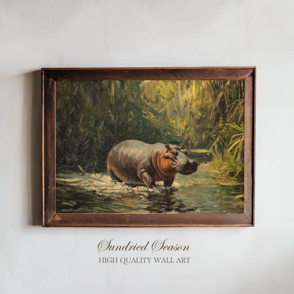 Tropical Pygmy Hippo Exotic Jungle River African Safari Art, Unframed Paper Poster 8x10in
