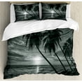 thumbnail image 1 of Tropical Queen Size Duvet Cover Set, Coconut Palm Trees on Beach Bend by the Wind Horizon over the Sea Picture, Decorative 3 Piece Bedding Set with 2 Pillow Shams, Black and White, by Ambesonne, 1 of 3