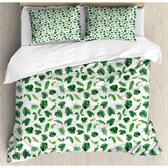 Tropical Queen Size Duvet Cover Set, Diversified Palm Tree Leaves Including Split Leaf Philodendron, Decorative 3 Piece Bedding Set with 2 Pillow Shams, Emerald Lime Green and White, by Ambesonne