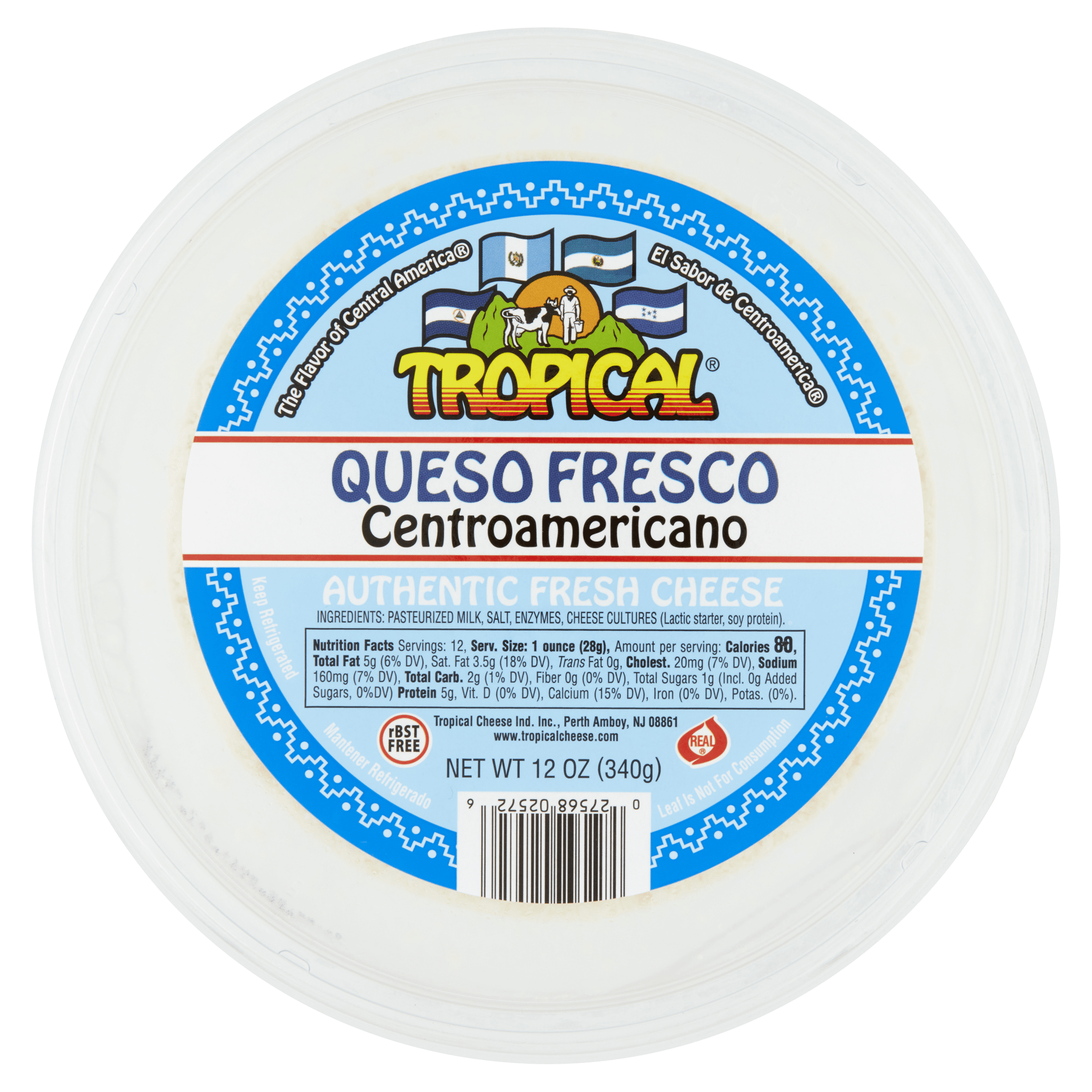 Tropical Queso Fresco Centroamericano, Fresh White Cheese, 12oz Resealable Plastic Tray, rBST Free