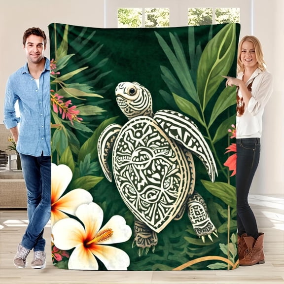 Tropical Quilted Flannel Blanket with Tribal Turtle, Hibiscus & Plumeria Design - Green Hawaiian Bedspread, All-Season Cozy Bed Cover, Sofa Throw, 250-300 GSM Texture for island Decor (Multi-Color)