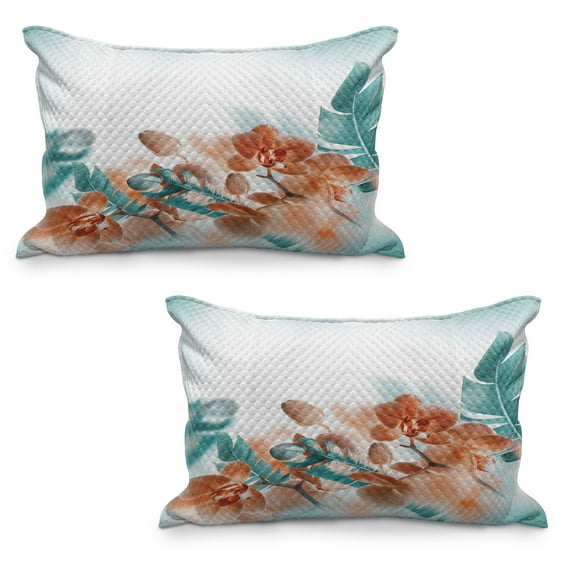 Tropical Quilted Pillowcover Set of 2, Exotic Orchids Blossom Leaves on Blurred Background Floral Themed Modern Art, Standard Queen Size Pillow Cover Bedroom, 36" x 20", Orange and Teal, by Ambesonne