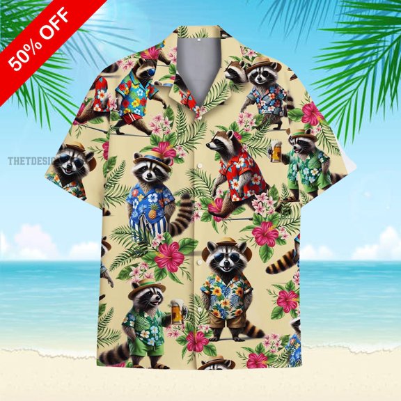 Tropical Raccoon Hawaiian Shirt, Funny Meme Raccoon Summer Aloha Shirt, Floral Raccoon Button Shirt, Raccoon Lovers Gift