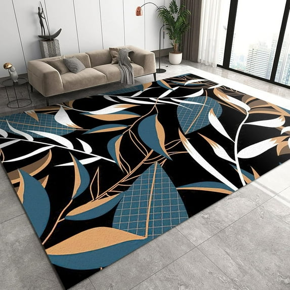 Tropical RainForest Plants Area Rugs, Orange Yellow Green Simple Leaves Bedroom Rug, Washable Rug Easy to Clean Fine Fluff Short Velvet Apply to Playroom Cafe Office Entrance Door 4x5ft