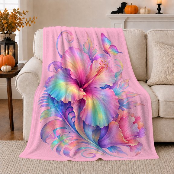Tropical Rainbow Hibiscus Flower, Cozy Coastal Landscape Scene, Warm Flannel Blanket for Sunroom and Reading Nook, Beach Lovers Housewarming Gift, Coastal Home Decor