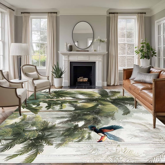 Tropical Rainforest 5x7 Area Rugs for Living Room, Toucan Bird Summer Palm Tree Non Slip Floor Mat Washable Low-Profile Indoor Carpet for Bedroom, Dining Room, Bathroom