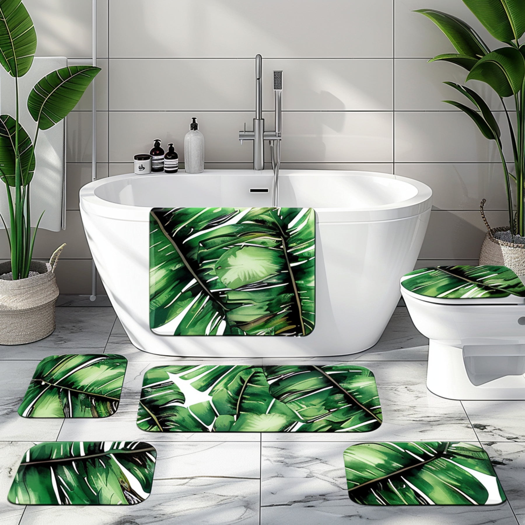 Tropical Rainforest Bathroom Decor Set with Banana Leaf Pattern