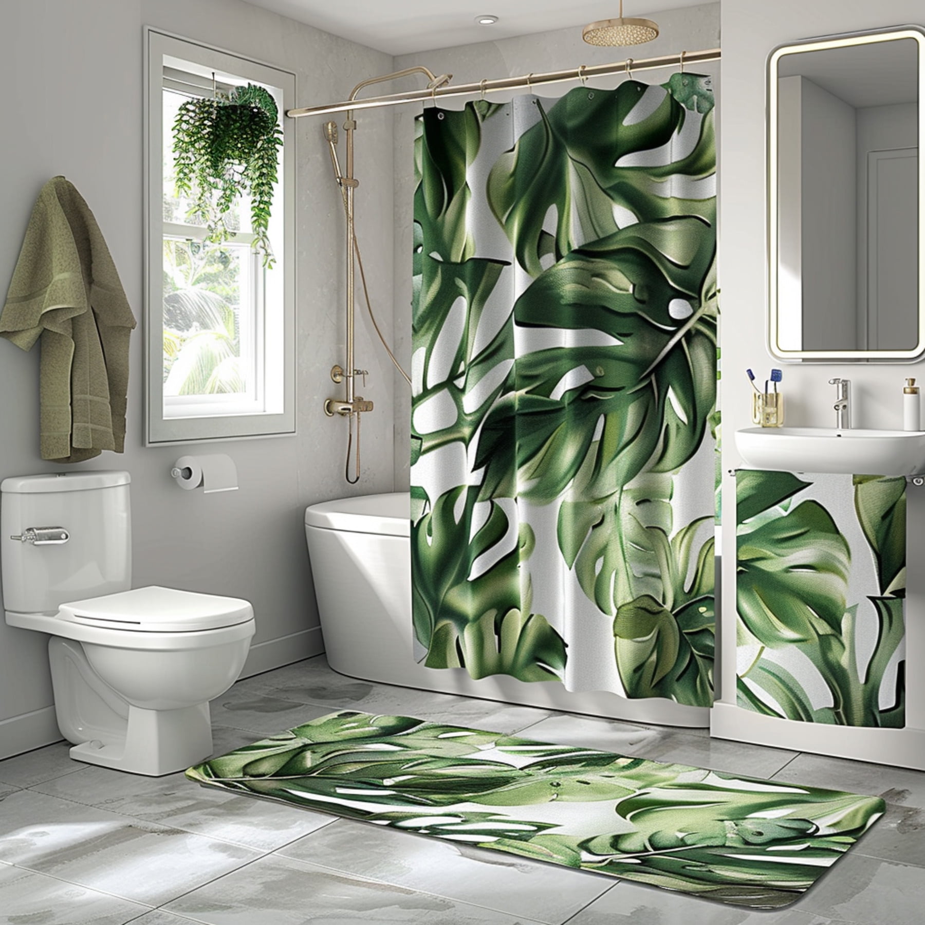 Tropical Rainforest Bathroom Decor Set with Monstera Leaf Print White