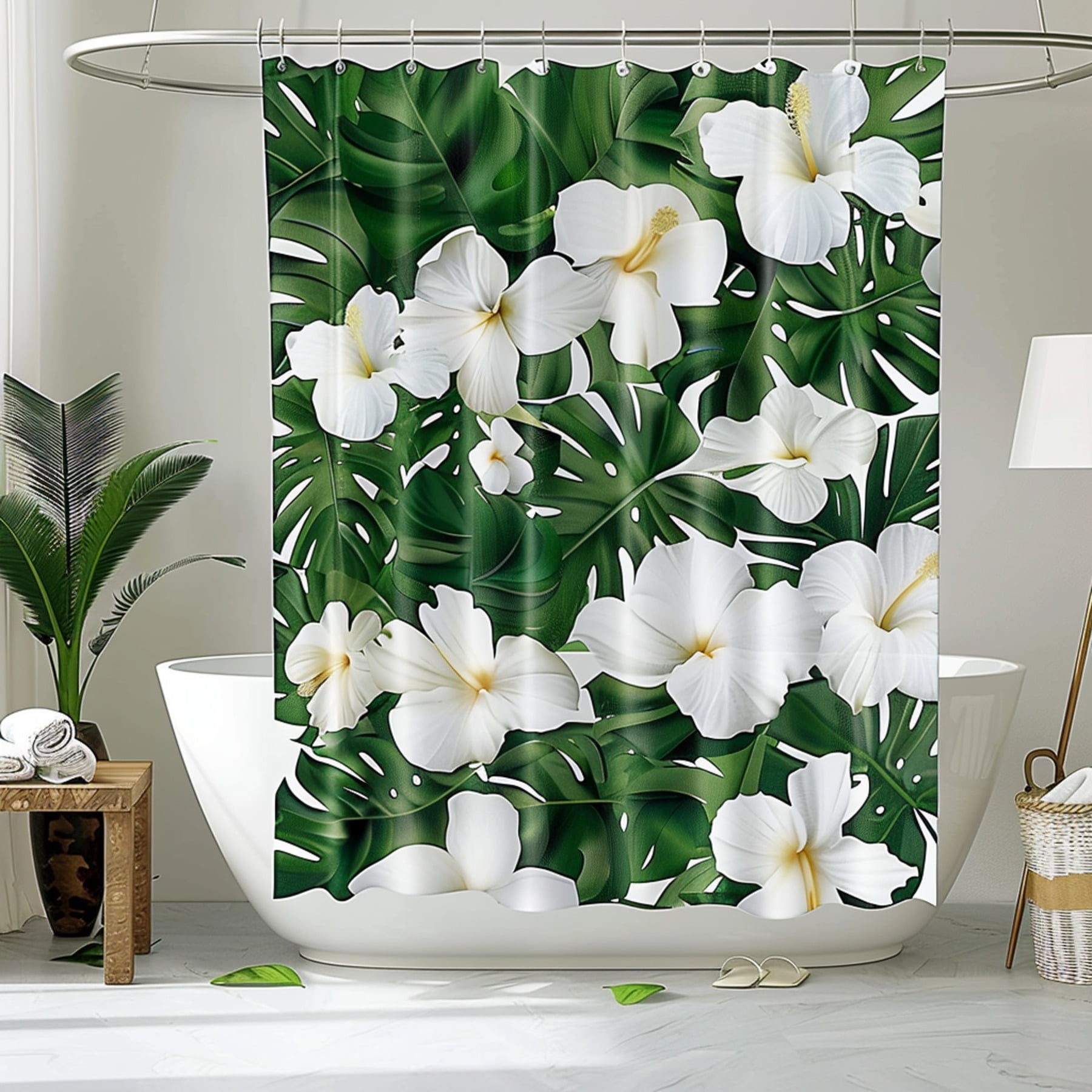 Tropical Rainforest Bathroom Decor with Monstera Deliciosa and Hibiscus