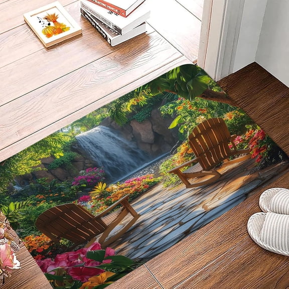 Tropical Rainforest Bathroom Rug,Waterfall Floral Chair Jungle Nature Scenery Landscape Bathtub Mats for Tub Kitchen Indoor Doormat Floor Decor Mats,16X24 Inch
