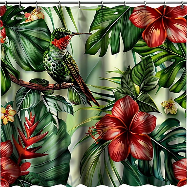 Tropical Rainforest Bathroom Shower Curtain with Hummingbird and Leaf