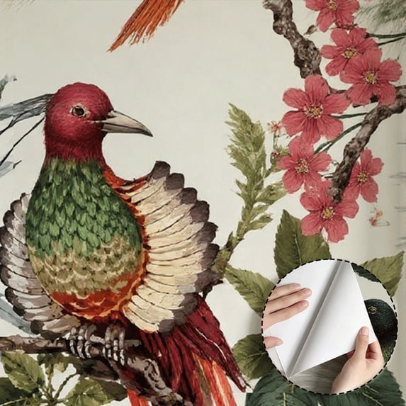 Tropical Rainforest Birds Floral Wallpaper, Vintage Boho Floral peel and stick wallpaper, waterproof Home Decor for Living Room, Bedroom, Bathroom, Kitchen Cabinet, Dorm Room [17.7 * 118 in]