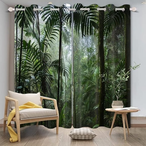 Tropical Rainforest Blackout Window Curtains Tropical Misty Forest Botanical Plants Lush Bushes Palm Leaves Jungle Adventure Drapes Curtains Treatment Decor 26"W x 45"L (Pack of 2)