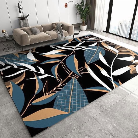 Tropical Rainforest Fern Leaf Plants Area Rug, Orange Yellow Green Simple Art Home Decor Rug, Washable Breathable Durable Carpet for Front Entrance Floor Living Room Bedroom 5 x 8ft