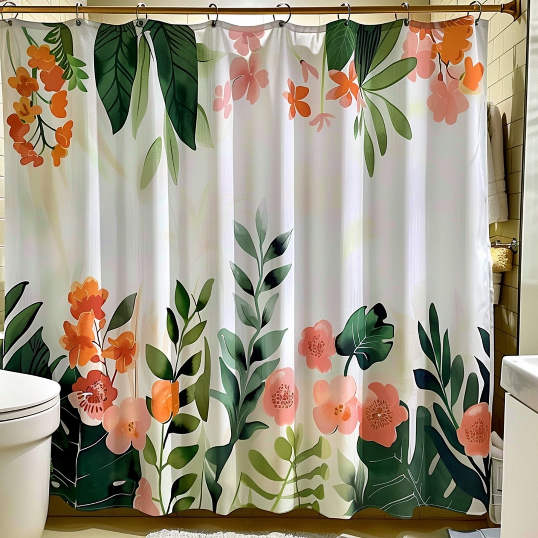 Tropical Rainforest Floral Print Shower Curtain Cute Cartoon Style ...
