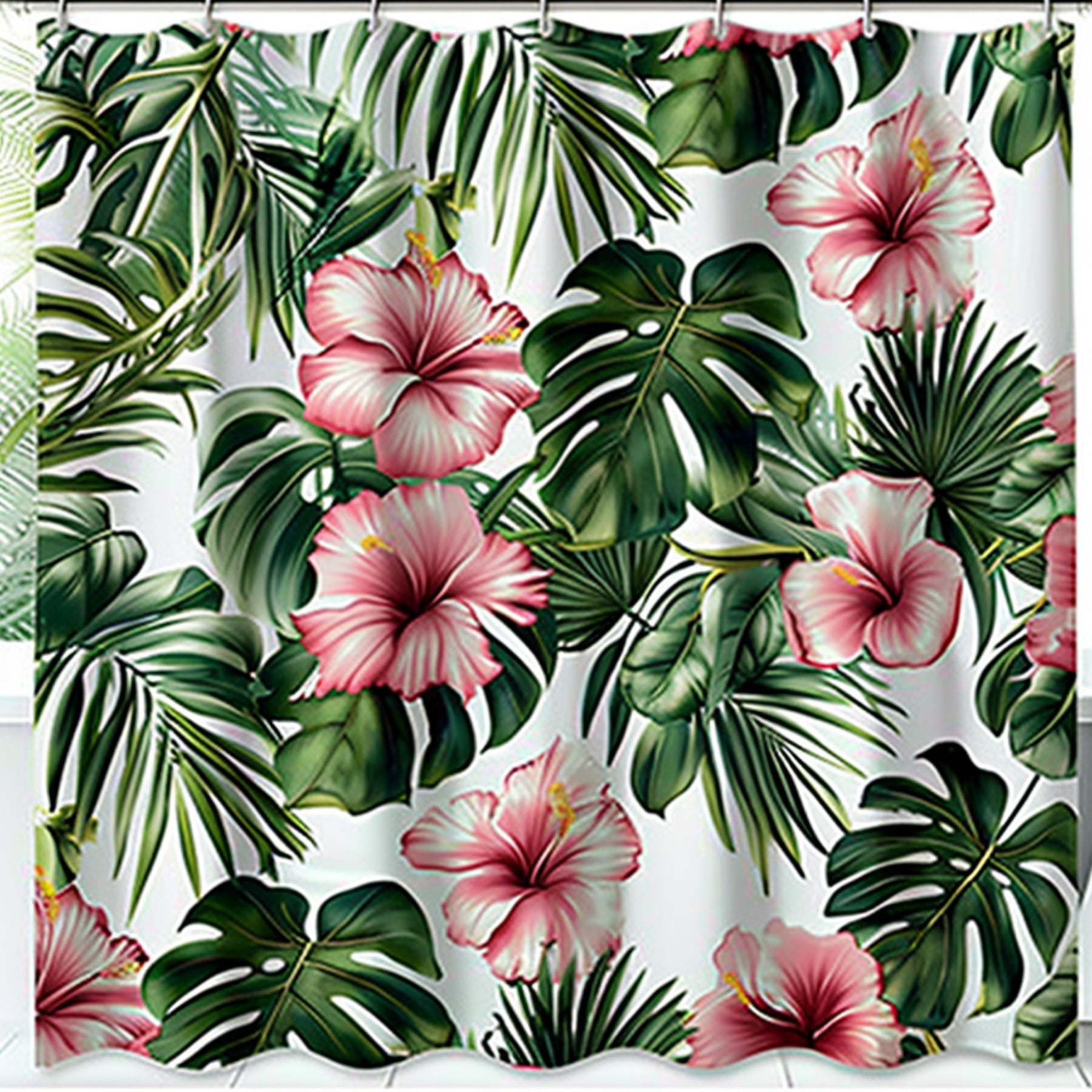 Tropical Rainforest Floral Shower Curtain with Hibiscus and Monstera ...