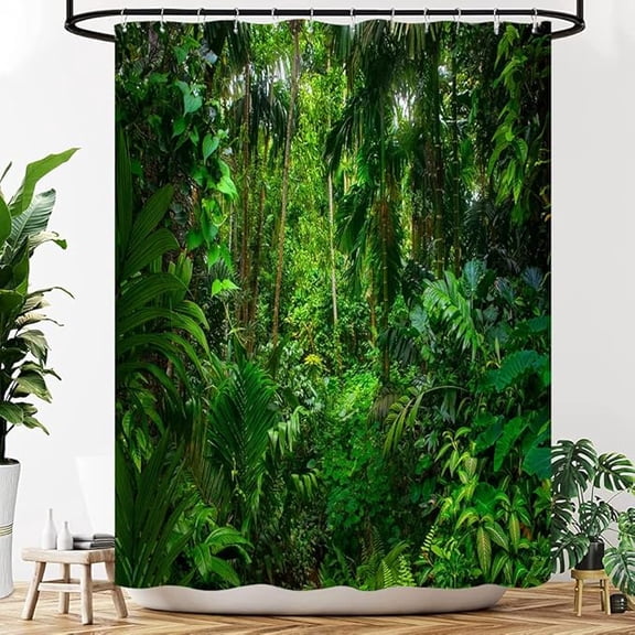 Tropical Rainforest Forest Shower Curtain Green Jungle Plant Leaves Nature Landscape Fabric Bathroom Decor Curtains Set With Hooks 72"W x 78"L