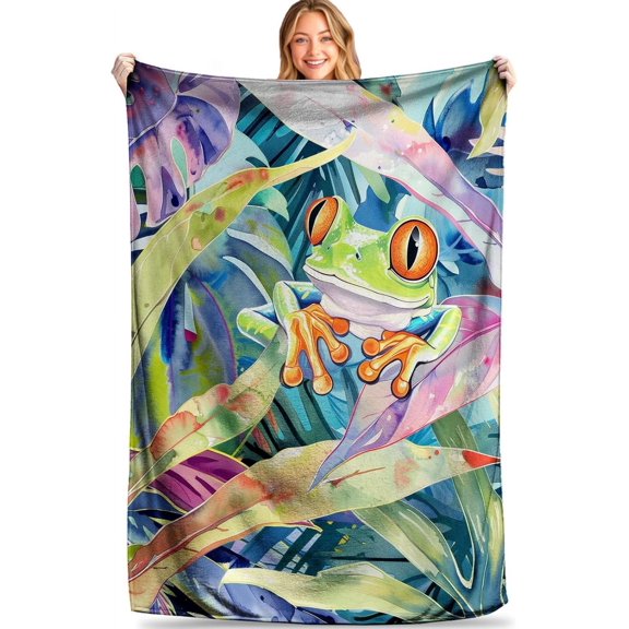 Tropical Rainforest Frog Throw Blanket Ultra Soft, Cozy Plush Flannel Lightweight, Warm, and Fuzzy, Perfect for Couch, Office, or Travel Decorative Jungle Home Accessory 50x60 Inch