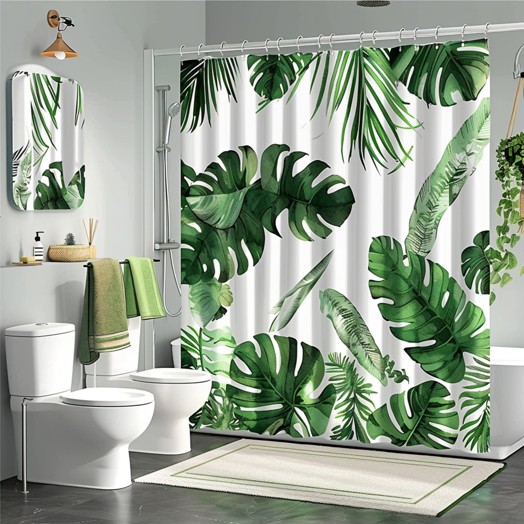 Tropical Rainforest Green Leaves Bathroom Shower Curtain Set Cartoon Style withand Toilet White ...