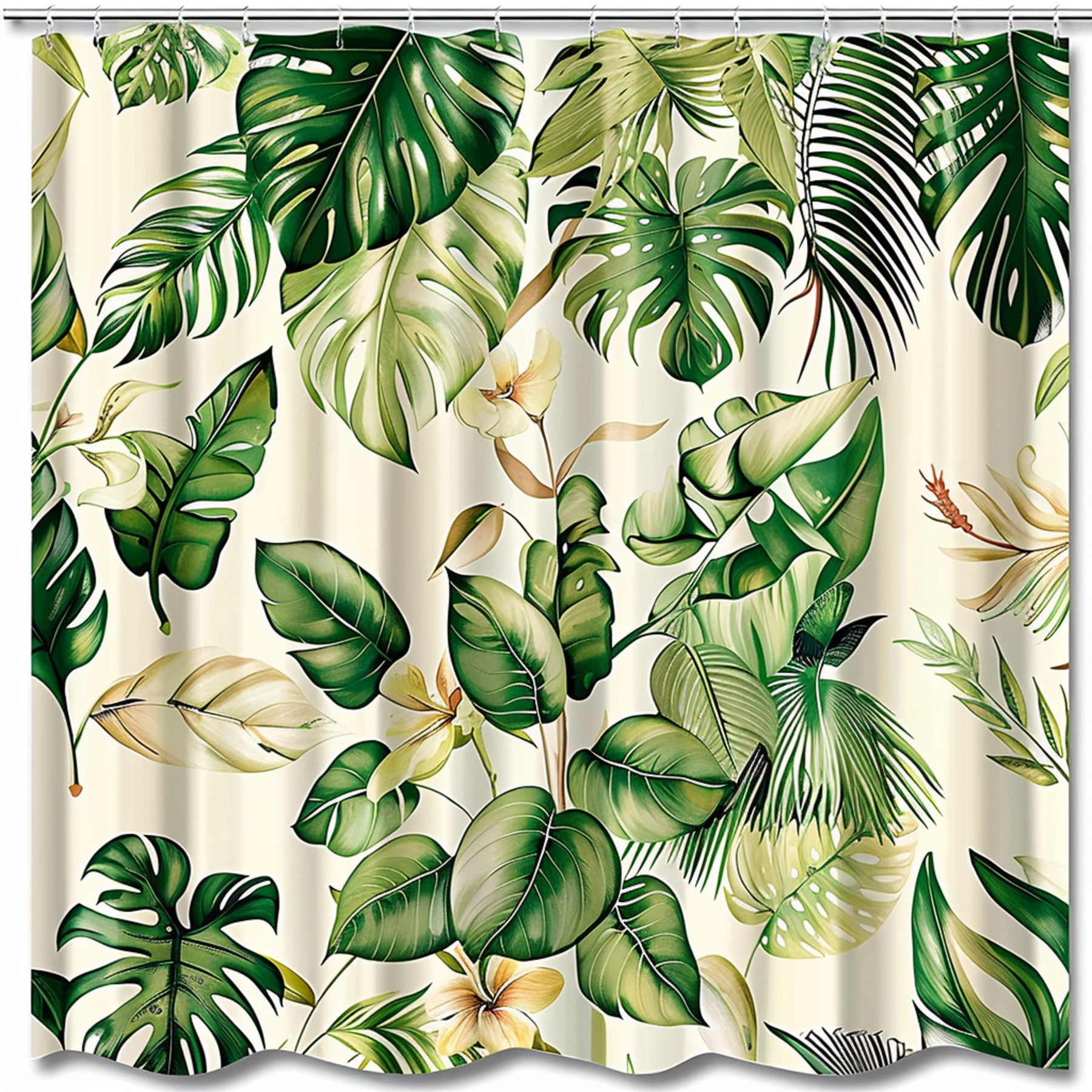 Tropical Rainforest Green Plants Shower Curtain Jungle Foliage & Palm Tree Leaves Bathroom Decor