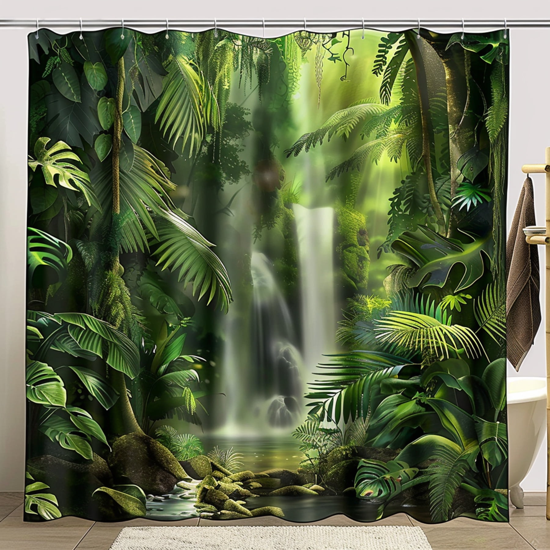 Tropical Rainforest Jungle Shower Curtain Exotic Plants Waterfall